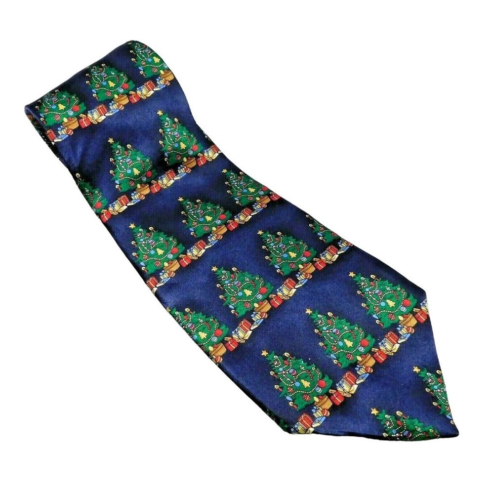 St Nick's Tie Shop Holiday Necktie Christmas Trees Gifts Blue Silk